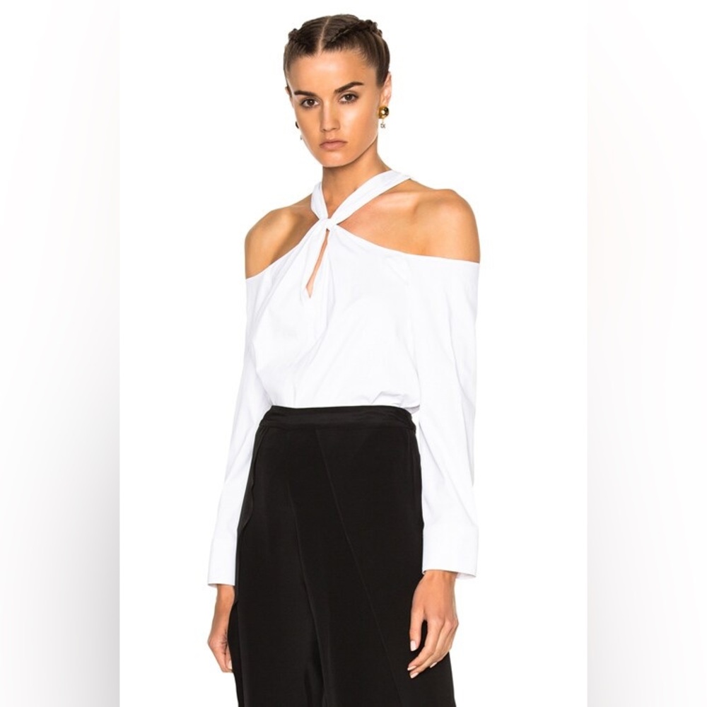 Rag & Bone Collingwood Poplin Cutout Shoulder Twist Halter Neck Long Sleeve Top